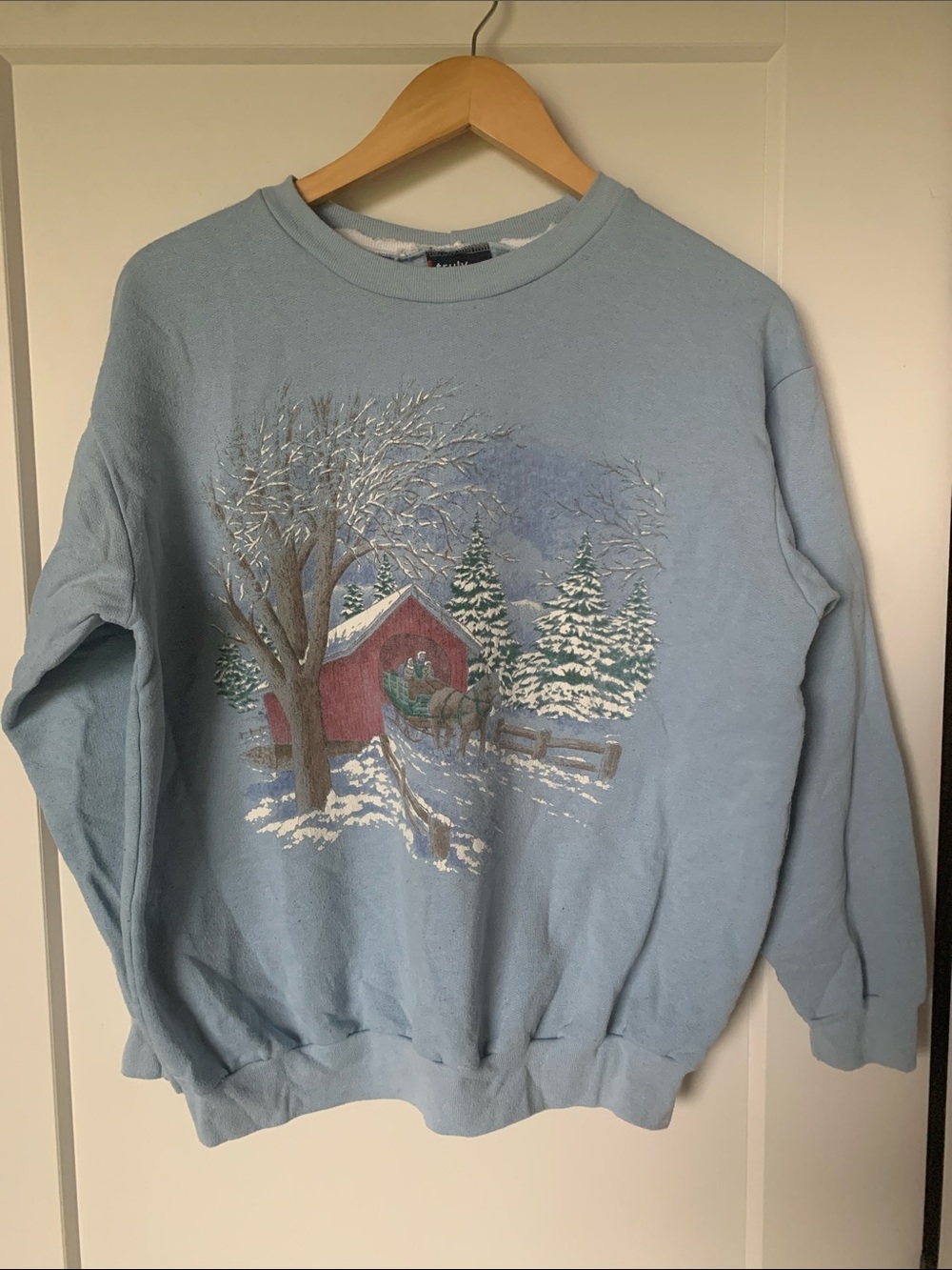 TRULY Light Blue Crewneck Sweatshirt with Winter Barn Graphic